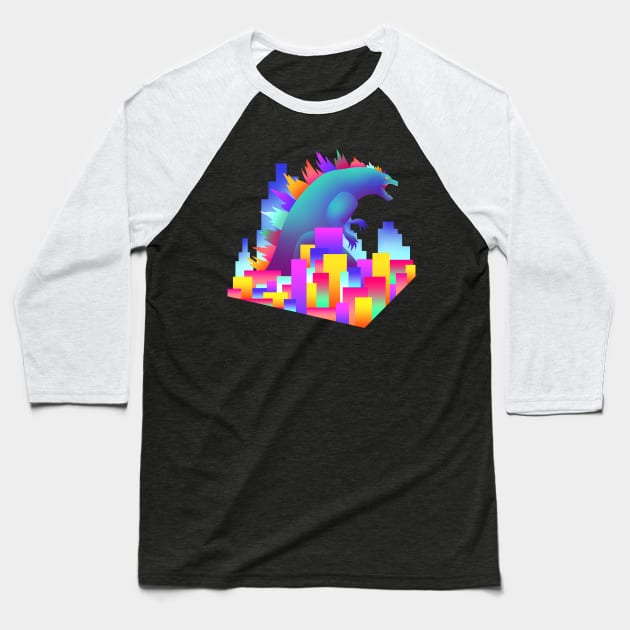 Neon city Godzilla Baseball T-Shirt by Alice_Wieckowska